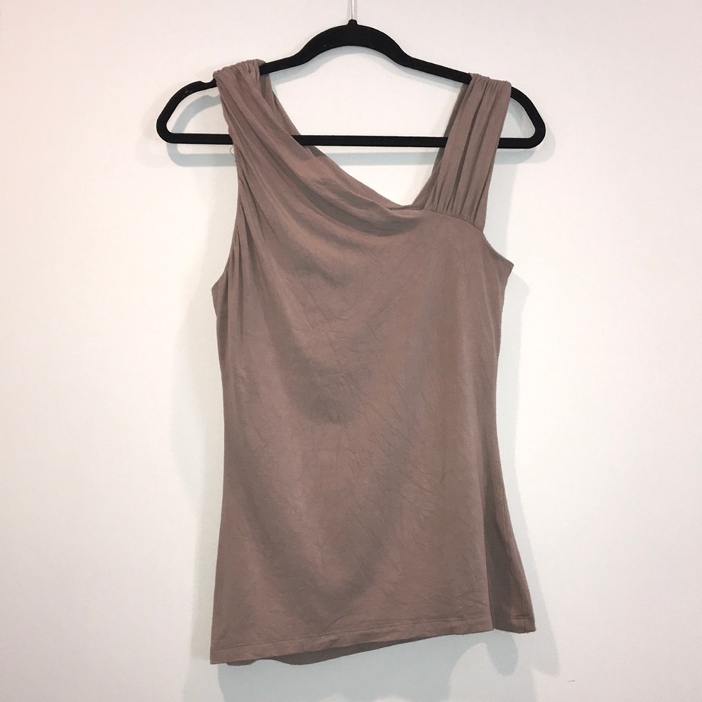 Asymmetrical tan top with shelf bra